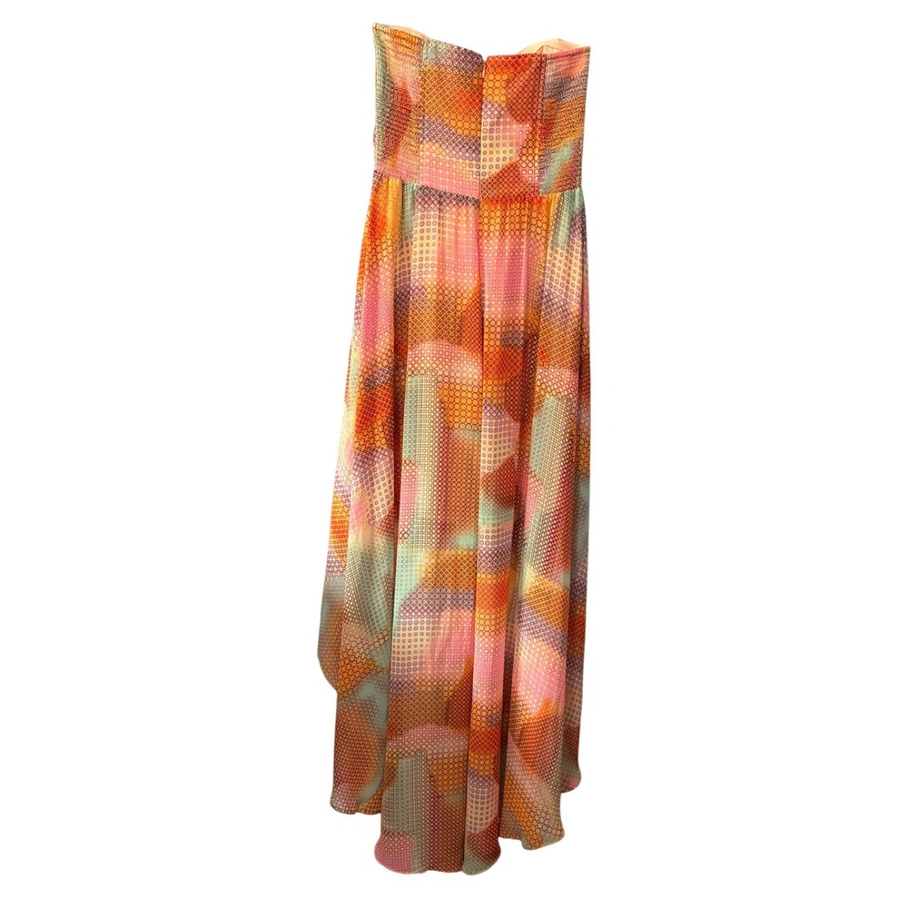 Guess Los Angeles Strapless High-Low Maxi Dress Orange Pink Honeycomb Print Sz 8 - Picture 3 of 3